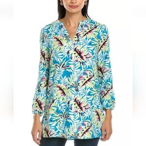 Ann Klein Women's Tropical Linen Blend Blouse Top Size S 3/4 Sleeve Beach Summer